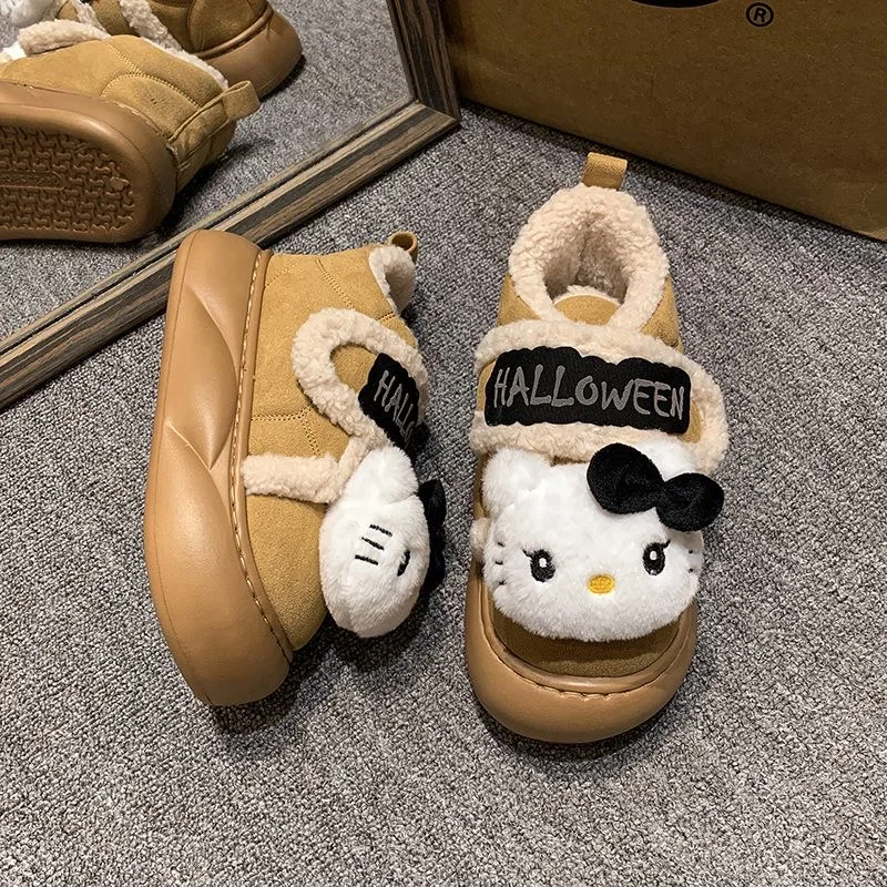 

Thick soled height increasing Velcro strap cotton shoes for women's casual shoes, winter fashion cartoon Hello Kitty snow shoes