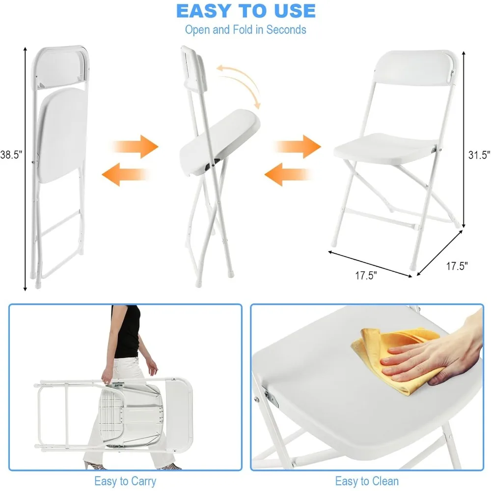 White Folding Chairs 10 Pack, Plastic Folding Chair for Outside, Indoor Outdoor Portable Commercial Seat with Steel Frame, Folda