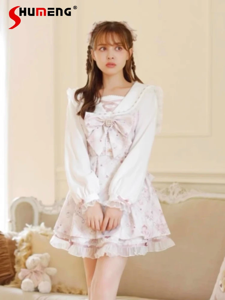 

Liz Dress Set Girls Sweet Bow Printed Long Sleeve Dress and Skirt 2-Piece Set Spring and Autumn Princess Tea Party Lolita Dress