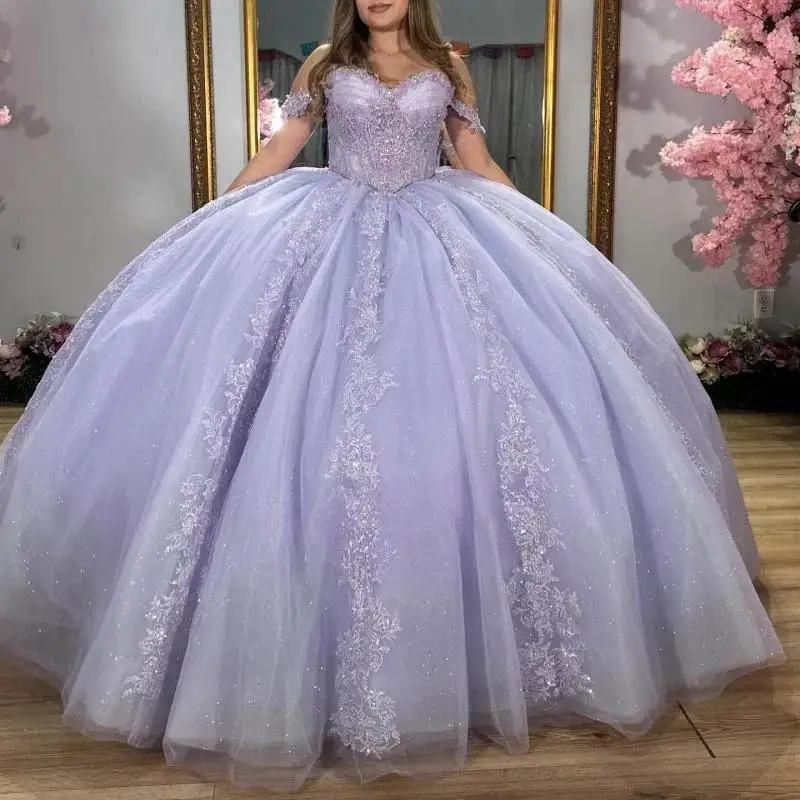 Lilac Illusion Ball Gown Quinceanera Dresses Crystal Beading Applique Lace Tull Sweet 15 Dresses Customized