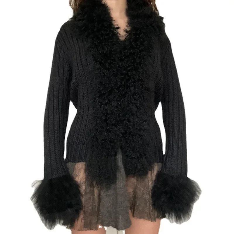 2022 winter women's V-neck slim stitching single-breasted long-sleeved blouse sexy hairy hole striped cardigan women's clothing