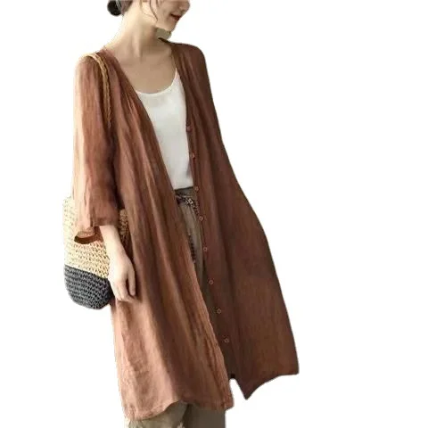 2025 Summer and Autumn New Retro Cotton Linen Medium and Long Cardigan Women's Loose Casual Shirt