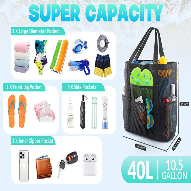 1PCS Hollow Mesh Quick Water-draining Soft Nylon Beach Bag Lightweight Hand Tote for Spa Swimming Gym Daily Item Storage