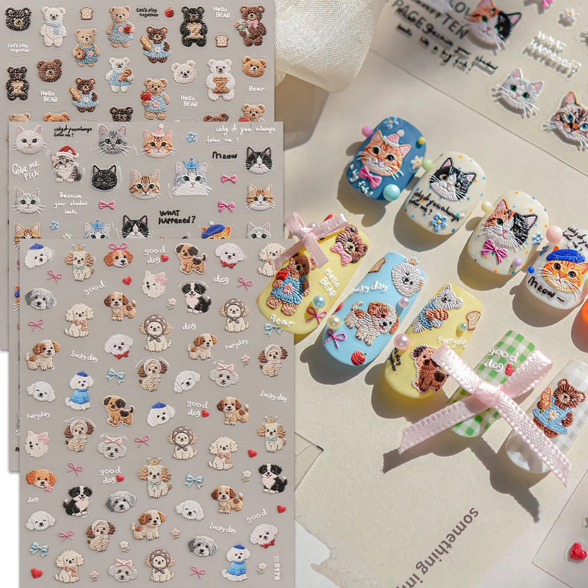 3pcs Cute Cartoon Embroidered Kittens, Dogs and Bears Embossed Nail Art Stickers - Exquisite nail art decals, easy to apply nail