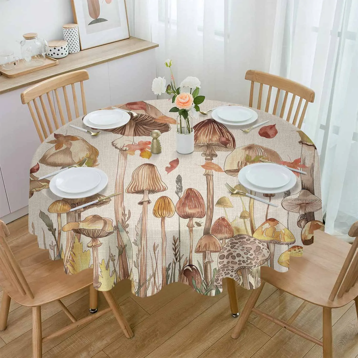 

Autumn Watercolor Mushroom Round Table Cloth Festival Dining Tablecloth Waterproof Table Cover for Wedding Party Decor