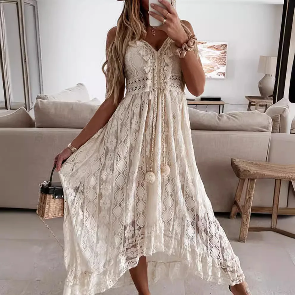 女性用ストラップAラインドレス2026春夏新作レディースマキシキャミドレスレースパッチワークファッションノースリーブビーチドレス