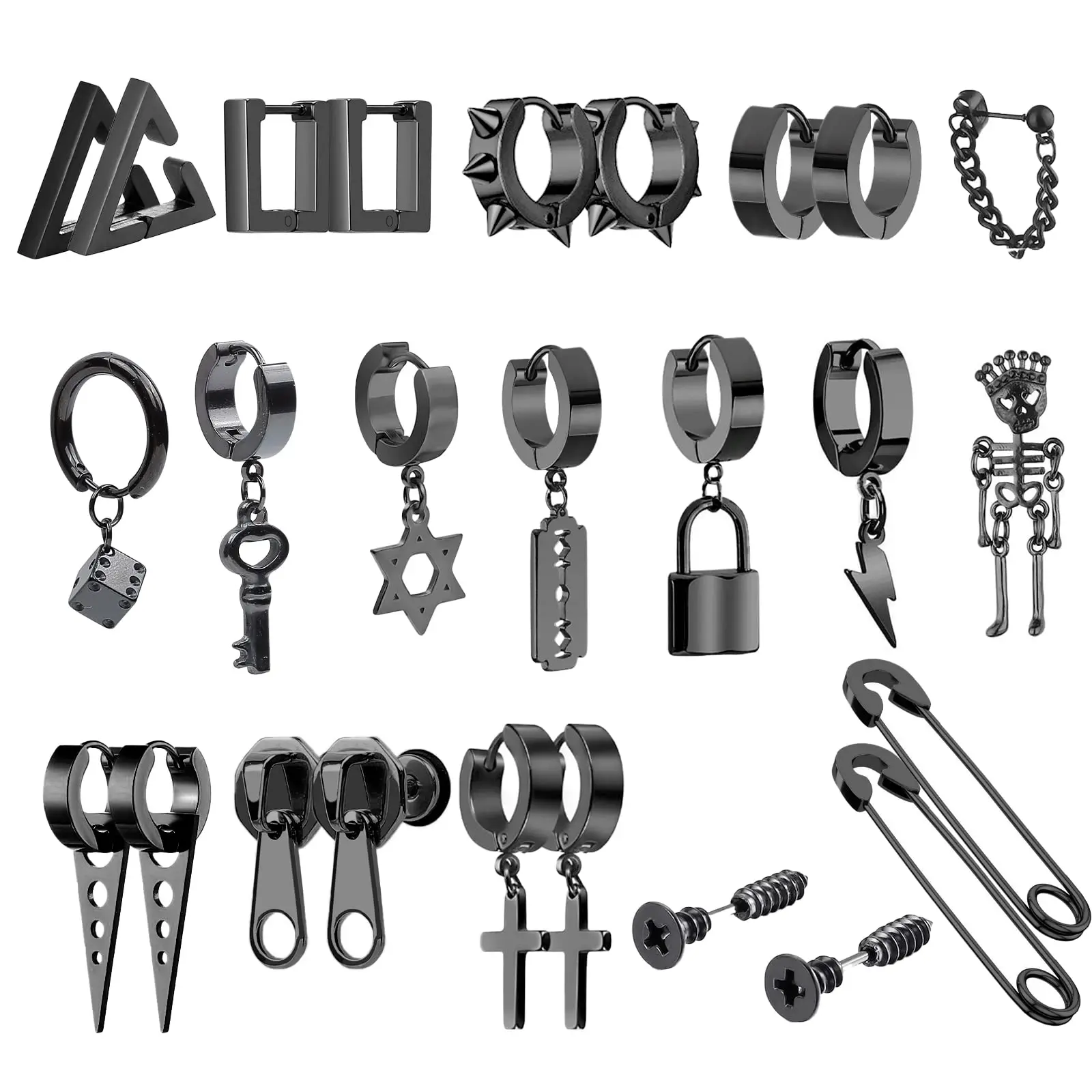 2-26 Pieces Black Stainless Steel Stud Earrings Gothic Punk Cross Hoop Dangle Earrings Piercing Jewelry Set for Men Women Girls