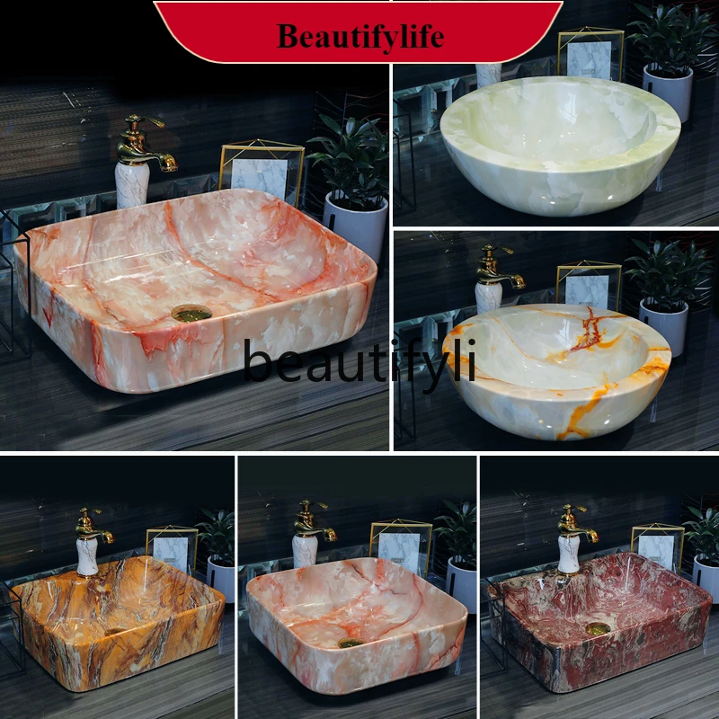 

B185 European bathroom face wash hand basin simple marble pattern ceramic table basin