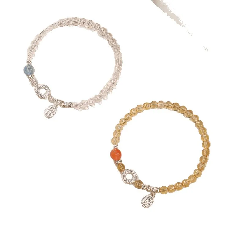 Chinese Style Lucky Natural Clear Quartz Aquamarine Citrine Southern Red Agate Sterling Silver Ping An Buckle Bracelet Wealth