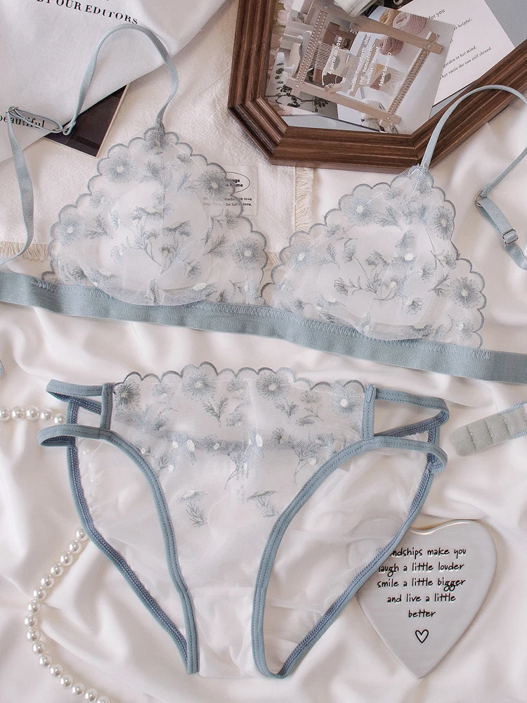 Sweet embroidery girls lace panties ladies sexy low waist mesh bra set hollow out underwear lingerie 2pcs sets
