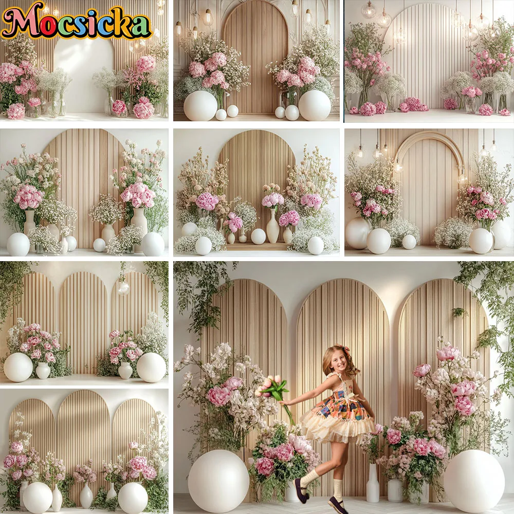 Mocsicka BohoFlower Photography Background Sunshine Flower Wooden Panel Wall Backdrop Baby Show Maternity Birthday Photo Studio