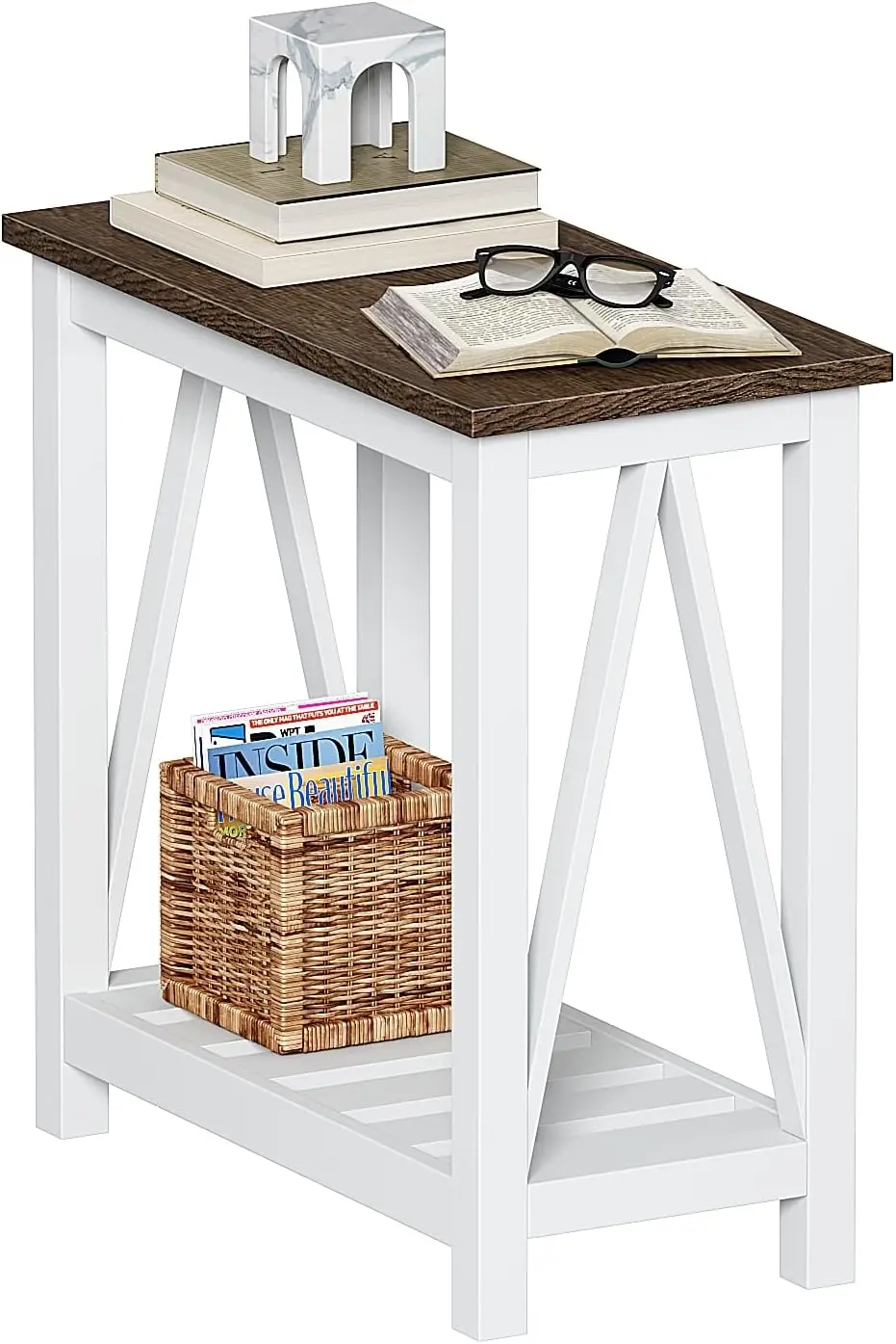 Farmhouse End Table, Narrow Side Table, Slim End Table with Storage Shelf for Small Spaces, Rustic Nightstand, for Livin