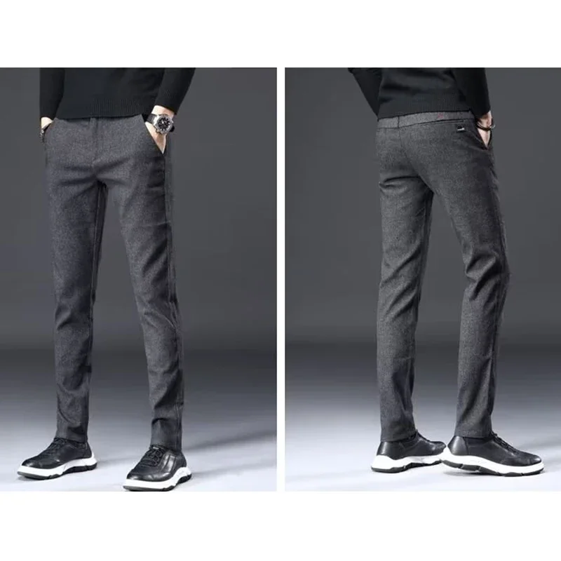 Autumn Winter Men\'s High Quality Brand Business Casual Pants Straight Leg Narrow Leg Fleece Thermal Elastic Waist Trousers Male