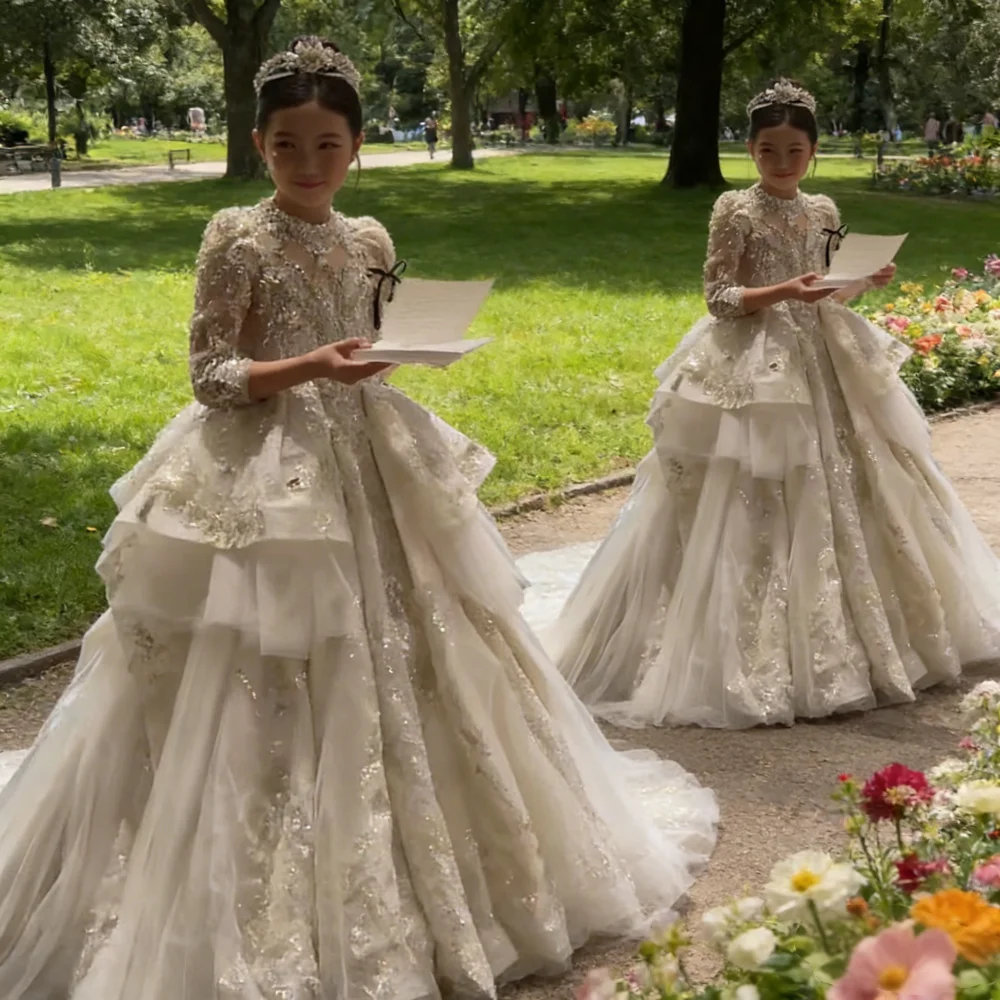 2026 Girls Birthday Runway Evening Gown Kids Piano Formal Party Celebration Clothes Performance Princess Long Dress Children