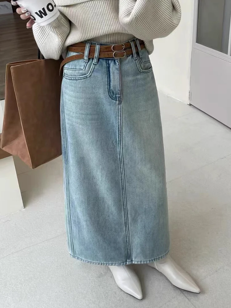 Vintage Harajuku Washed Jeans Skirts Women Loose Casual Back Split High Waist Denim Skirts Y2K Korean Fashion Long Skirts Female