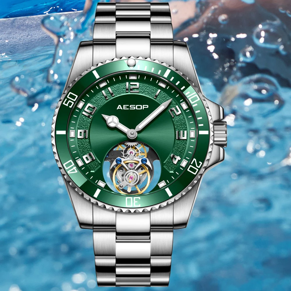 AESOP Green Water Ghost Men Tourbillon Mechanical Watch Luxury Sapphire Skeleton Watches Waterproof Stainless Steel Watches