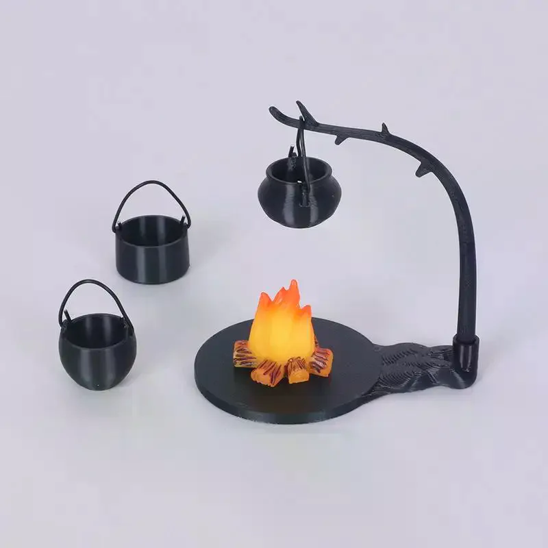 4 pçs acampamento ao ar livre micro paisagem decoração casa de boneca mini fogão pendurado e pilha de fogo cena acessório