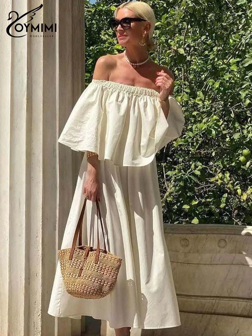 Oymimi Elegant Beige Cotton Womens Dresses Fashion Strapless Sleeveless Ruffled Dresses Casual New Loose Mid-Calf Dress Female