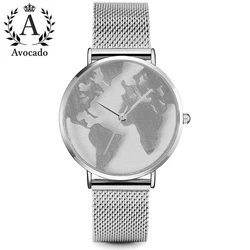 New Fashion World Map Women'S Watch Silver Stainless Steel Mesh Strap Ladies Quartz Wristbatch For Girls