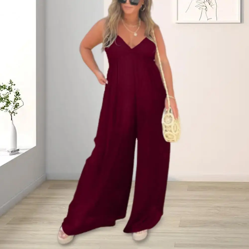 

Beach Jumpsuit Stylish Summer Women's Deep V Neck Jumpsuit with Wide Leg Pleated Details for Casual Beach Vacation Outfits Women