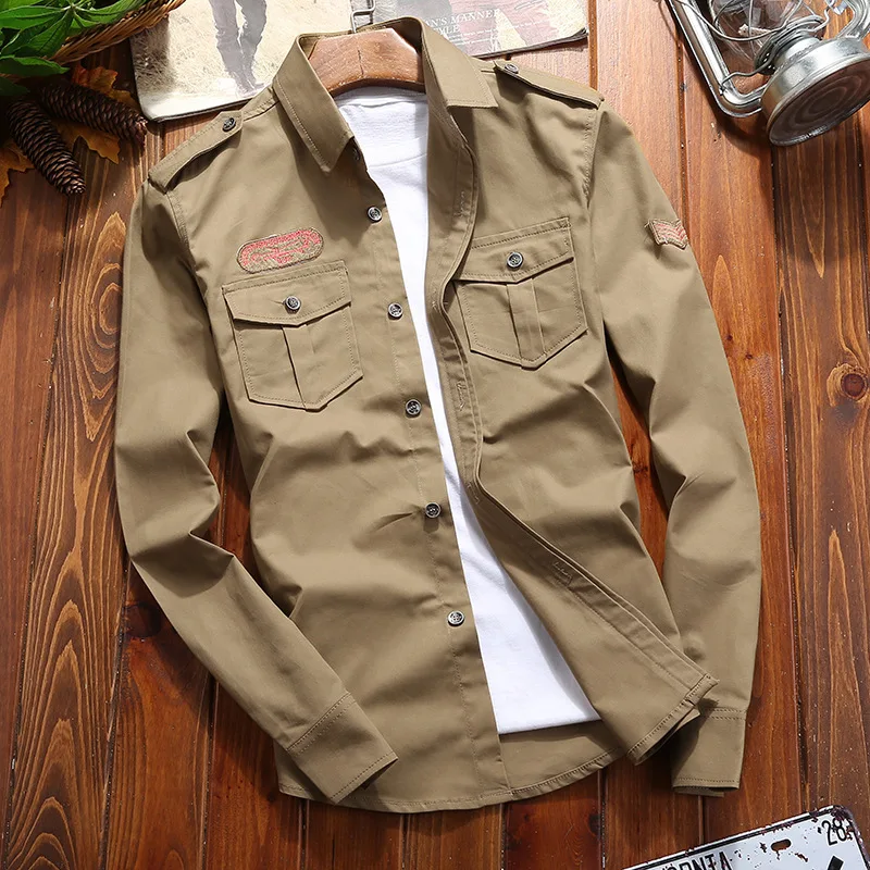 Men\'s Shirts Chemise Casual Shirt Military Man Cotton Khaki Retro Slim Fit Long Sleeve Vintage Jacket Streetwear Drop Shipping