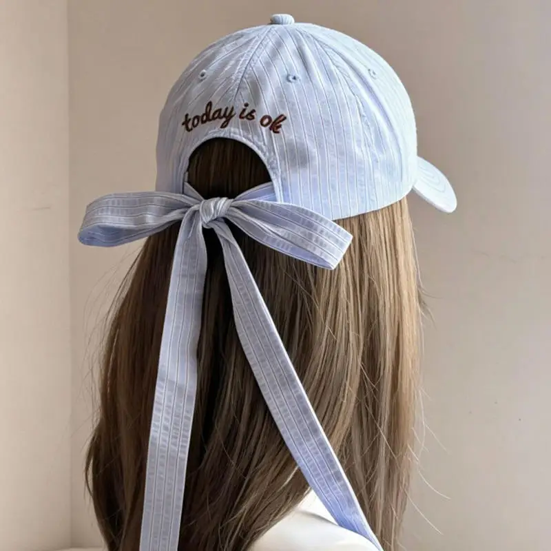 Korean Version Embroidered Letter Striped Baseball Cap with Sweet Bow Tie at the Back, Women's Versatile Sports Sun Hat