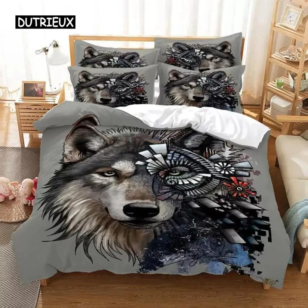 

Wolf Duvet Cover Set Wolf with Mechanical Eye Bedding Set for Kid Teens Adults 3d Printing Queen King Size Polyester Quilt Cover