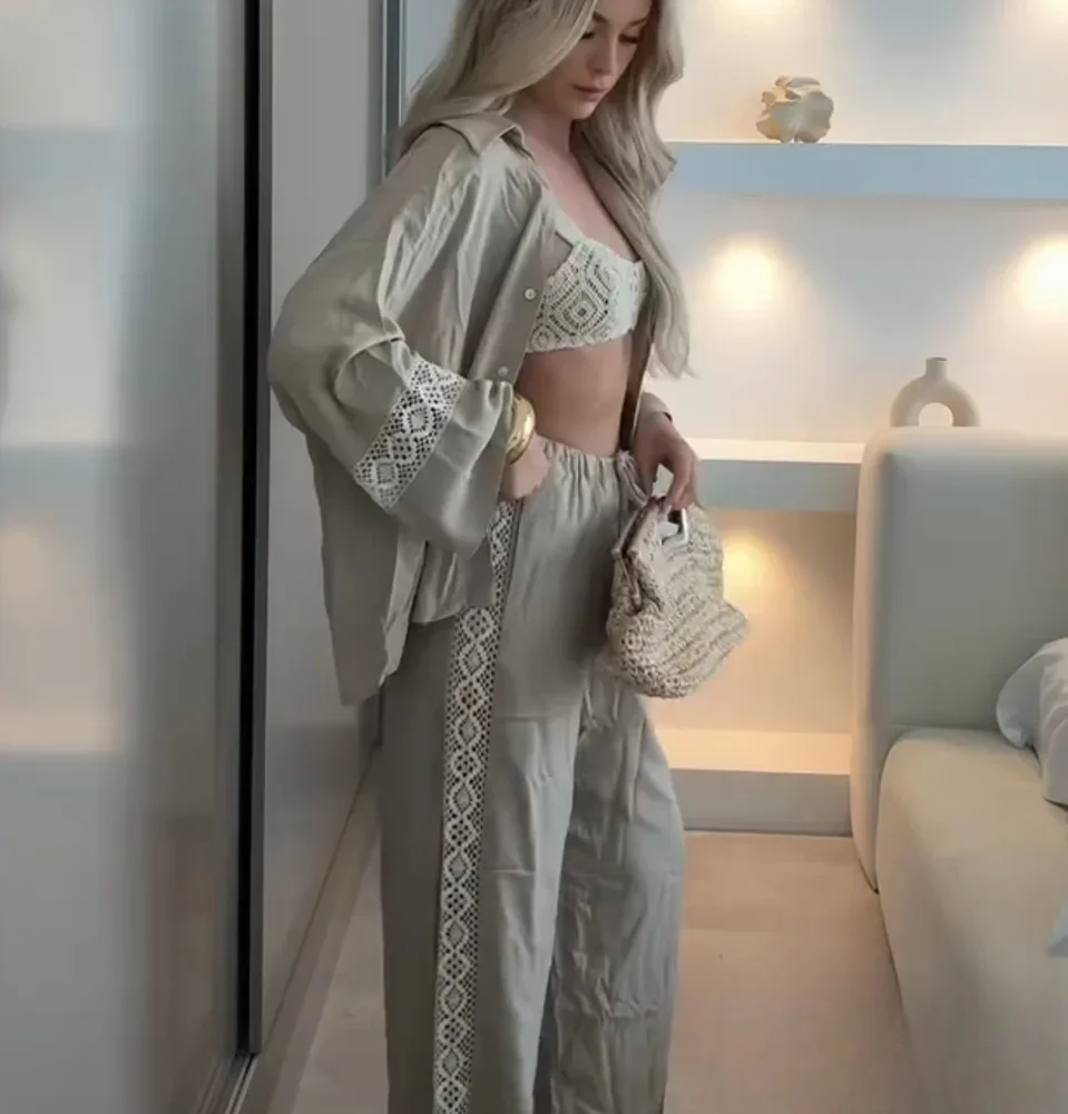 

KONDALA женский осенний комплект с вышивкой, рубашка с v-образным вырезом и лацканами, длинные брюки с эластичной резинкой на талии, новинка 2025 года, модный весенне-летний праздничный повседневный комплект