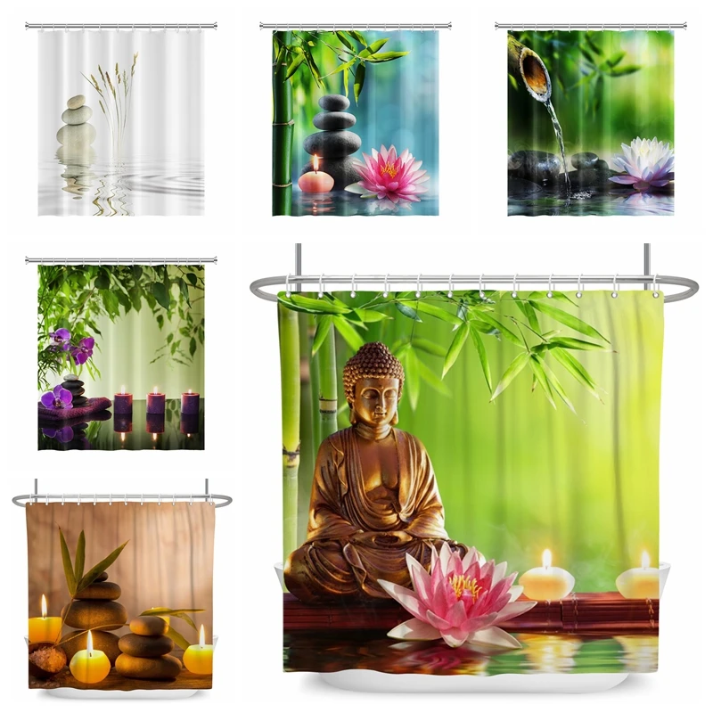 Zen Spa Lotus Japanese Meditation Shower Curtain Basalt Stones Herbal Oil Scent Candles Bamboo Water Home Decor Waterproof Set