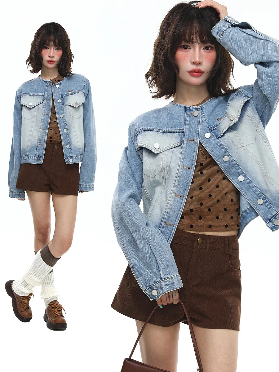 

Sanowers American Retro Heavyweight Waed White Denim Jaet Women Spring Slimming ort Sle Casual Loose Fit round Ne