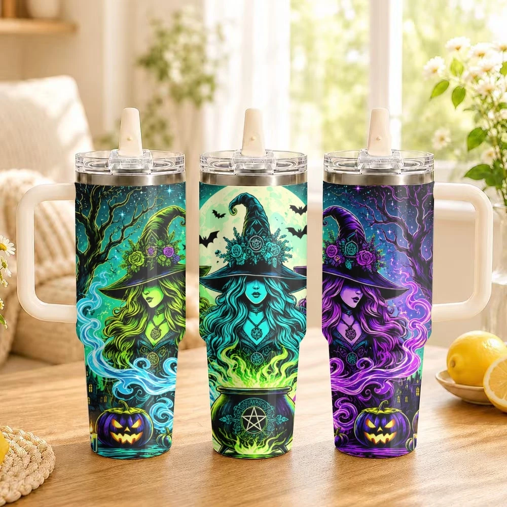 Neon Witch Cauldron Vacuum Flasks 40oz Stainless Steel Insulated Tumbler Leakproof Vacuum Travel Mug Portable Coffee Cup
