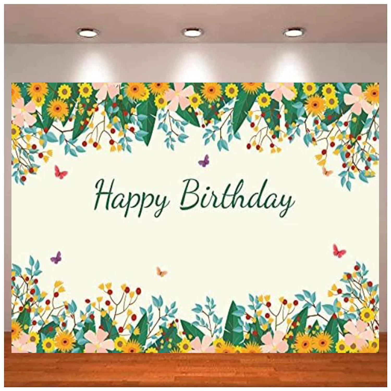 

Happy Birthday Backdrop Women Girls Orange Floral And Green Leaves with Butterflies Arround Green Phrase For Children Background