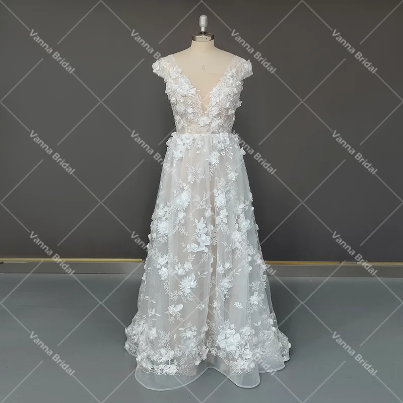 Floral princesa noiva vestido de casamento imagem verdadeira luxo frisado 3d flores com decote em v champanhe sem costas vestido de noiva preço de fábrica