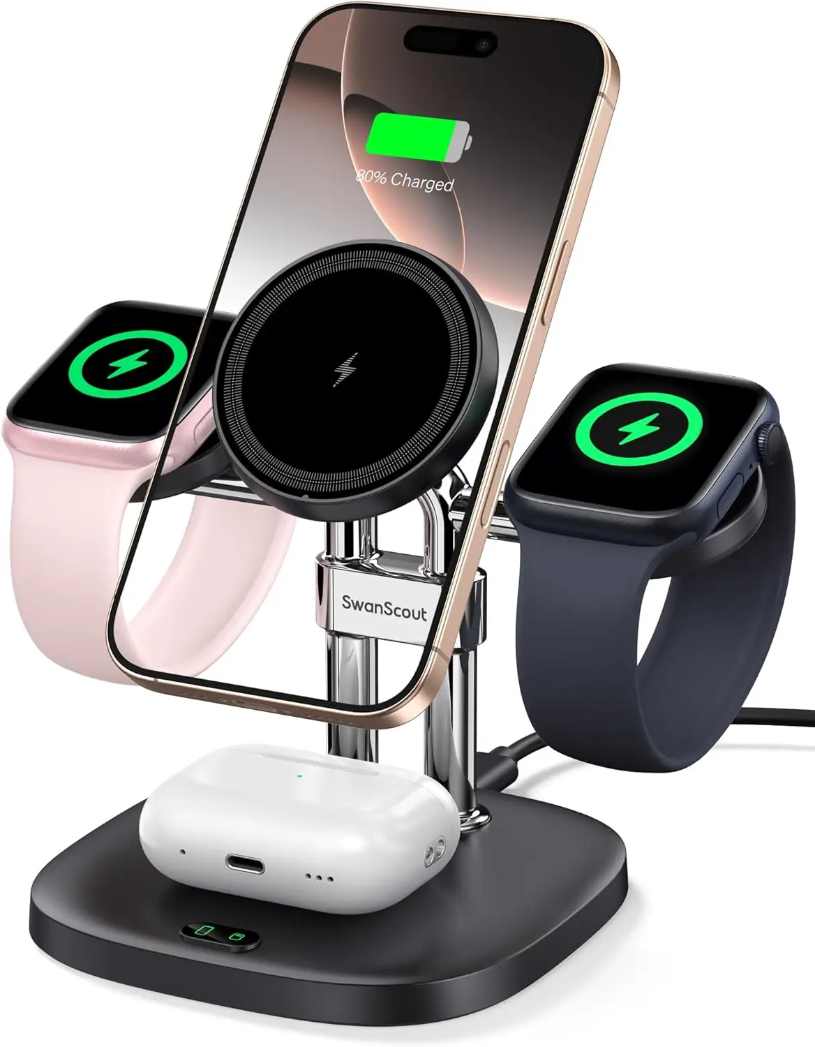 

Магнитная беспроводная зарядная станция для iPhone серий 17/16/15, Apple Watch Ultra 3/SE 3 и AirPods — Двойное быстрое зарядное устройство