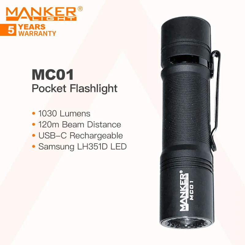 Manker MC01 Pocket Flashlight, 2500mAh Rechargeable Battery, 1030 Lumens with Clip for Easy Carry, Cool / Neutral White-light