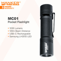 Manker MC01 Pocket Flashlight, 2500mAh Rechargeable Battery, 1030 Lumens with Clip for Easy Carry, Cool / Neutral White-light