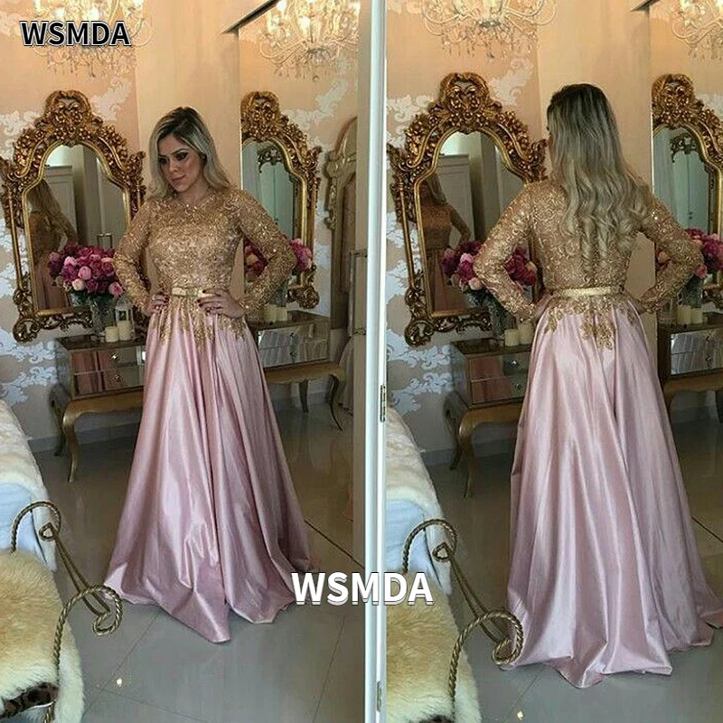 2022 novo elegante mangas compridas vestidos de baile ouro applique preto vestido de noite com cinto cetim formal vestido de baile