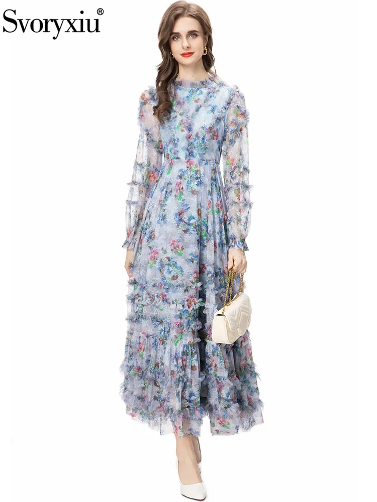 Svoryxiu Fashion Designer Autumn Small Broken Flower Print Long Dress Women Flounces Collar Long Sleeve Vintage Big Swing Dress