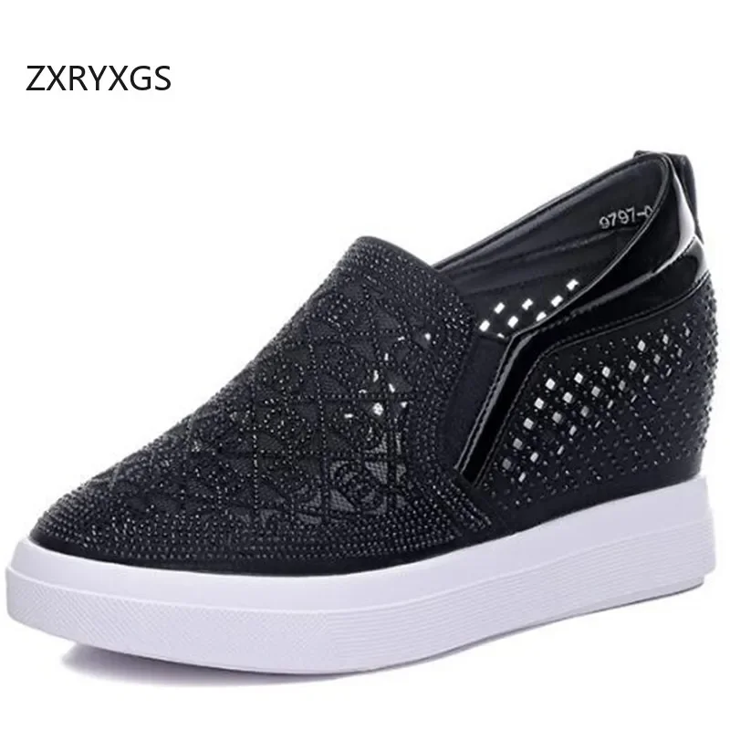 ZXRYXGS Premium Microfiber Mesh Rhinestone Shoes Woman Sneakers Sandals 2024 Summer Breathable Wedges Internal Elevation Shoes