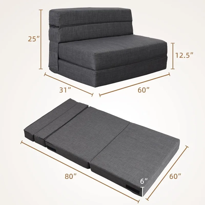 60-inch Folding Sofa, Memory Foam Sofa with Pillow, Convertible Sleeping Mattress, Washable Lid, Large Size