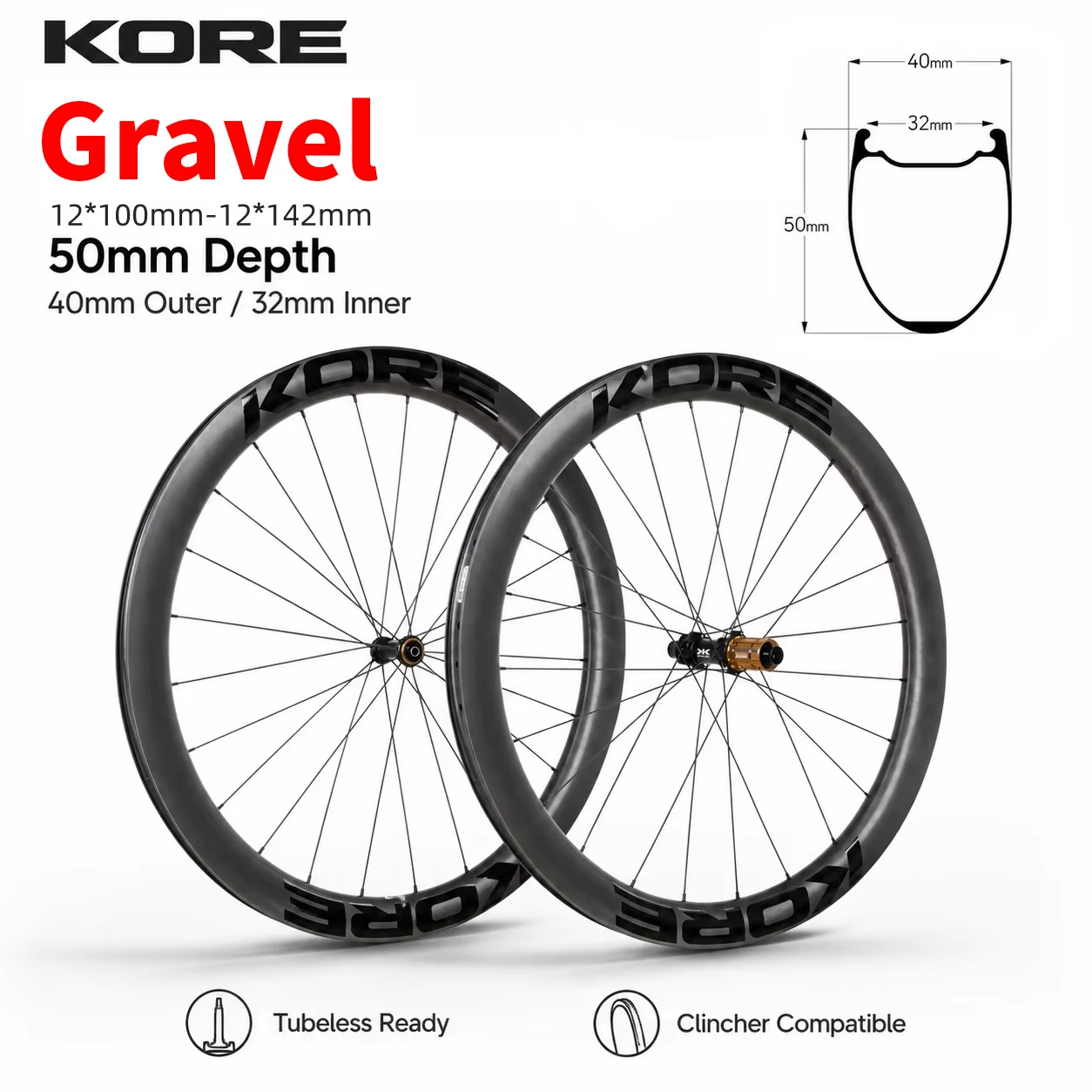 Kore 50mmリム グラベルバイクホイール ディスクブレーキホイールセット 深さ、超軽量1325g ピラースポーク付き 45-55C バイクタイヤ 幅32インチ