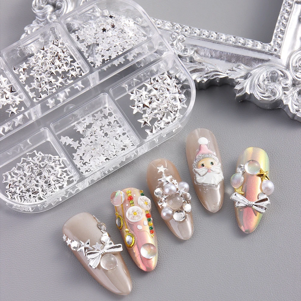 6 grade ouro prata estrela arco rebite studs prego charme meia redonda pérola contas arte do prego strass pentagrama gem manicure decoração