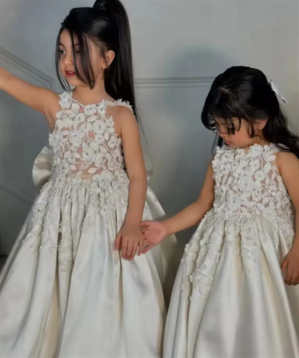 فستان مخصص للفتيات من الساتان JDY مزين بالزهور على شكل حرف a ورقبة رسن فستان حفلات أعياد ميلاد الطفل فستان حفلات المشاهير #2