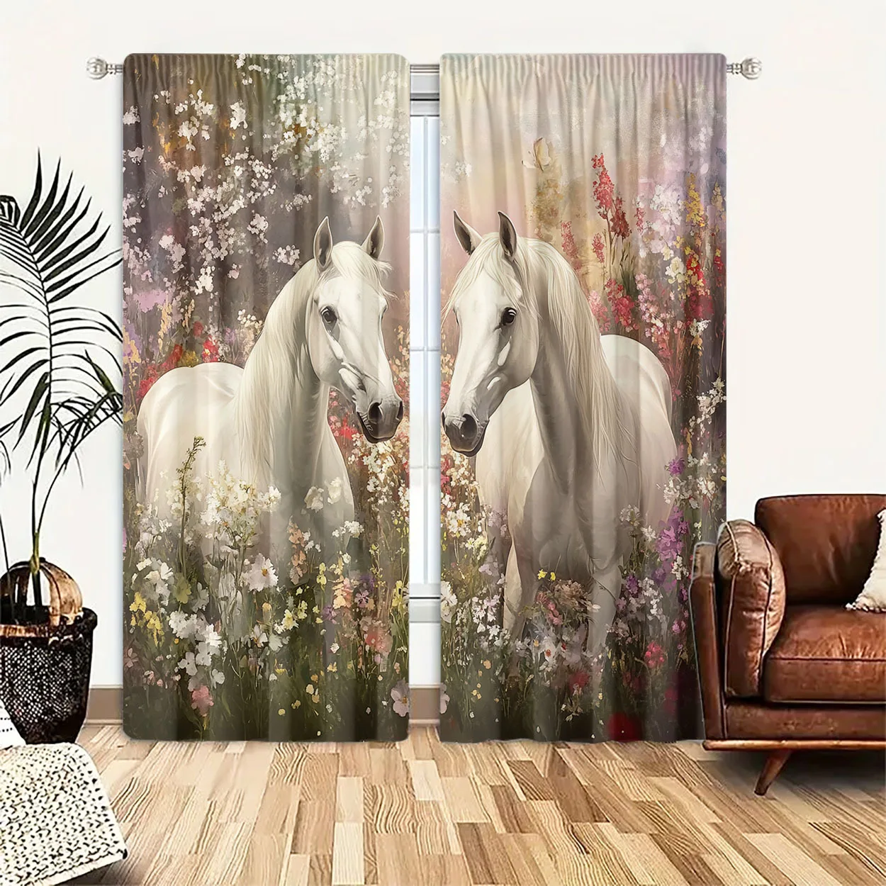 Home Office Romance - Aesthetic Horse Floral Curtains Pair Set