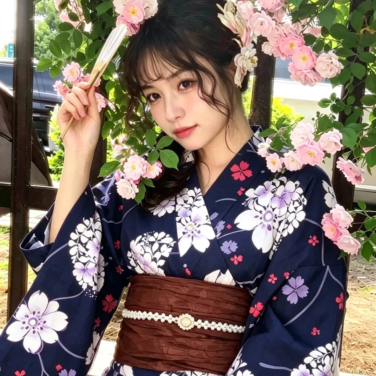 Purple Cotton Traditional Japanese Yukata Kimono Dress for Women And Girls with Fan Pattern