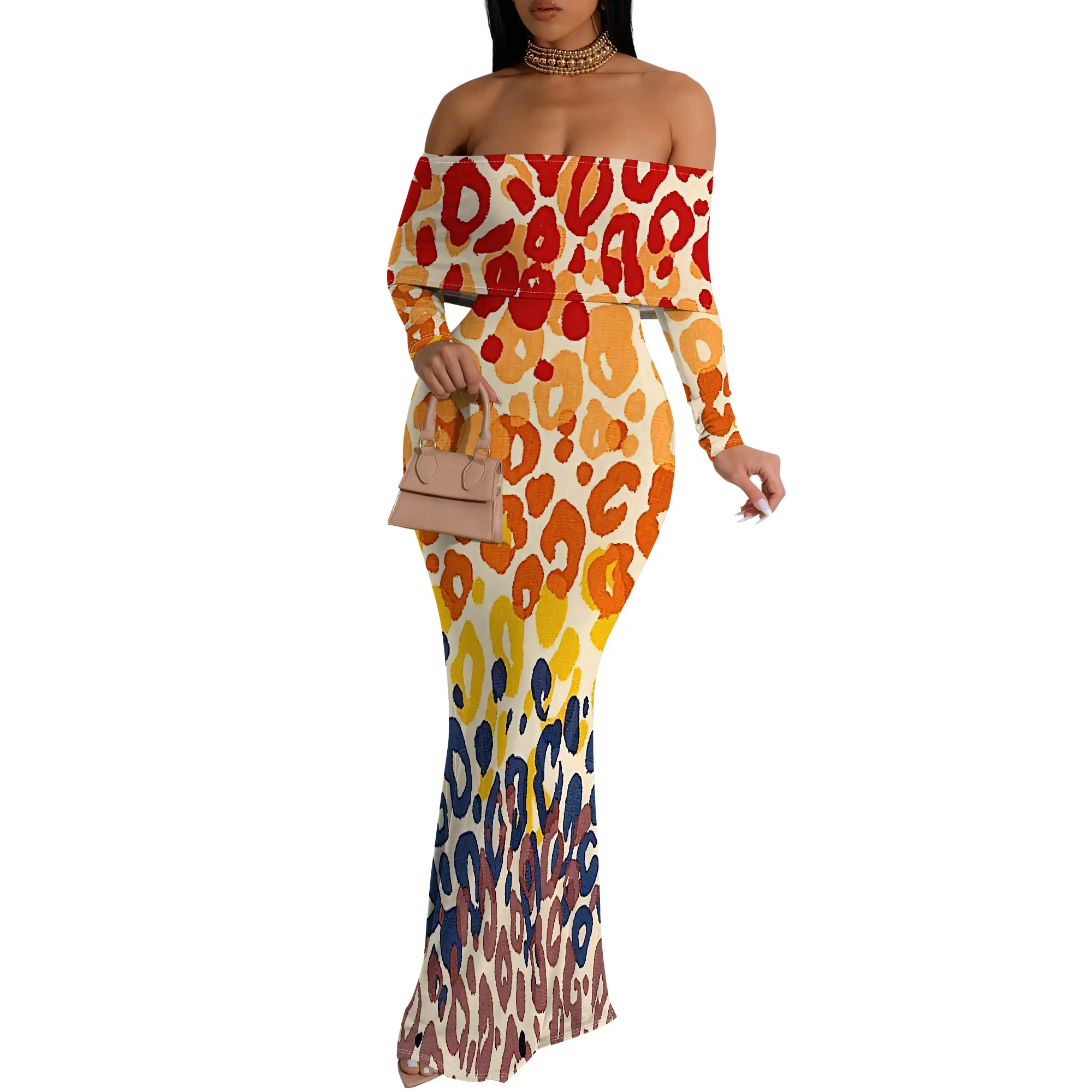 ผู้หญิงเสือดาวลายดอกไม้ปิดไหล่ Maxi Dress แขนยาว Teal Party Evening