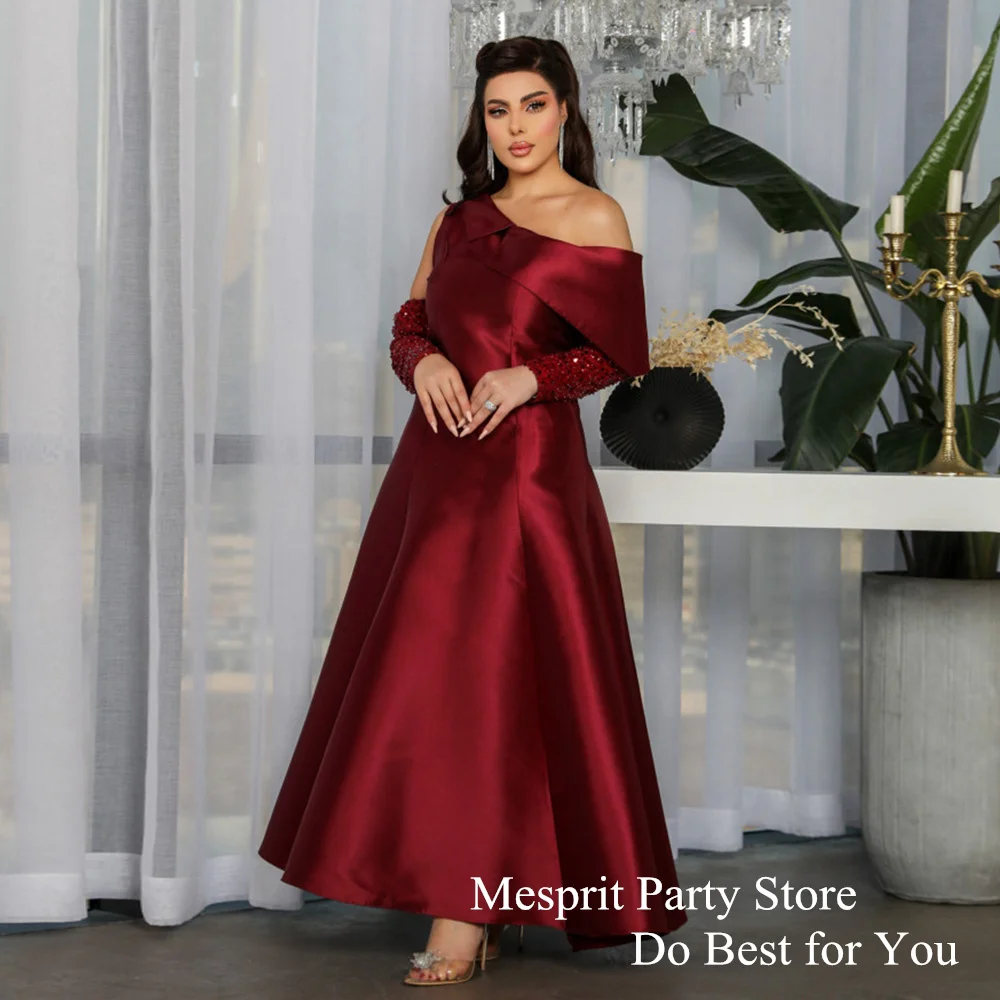 

Burgundy Evening Dress 2024 Saudi Arab Prom Gown One Shoulder Long Sleeves Sequined Ankle Length A Line Wedding Party Dresses