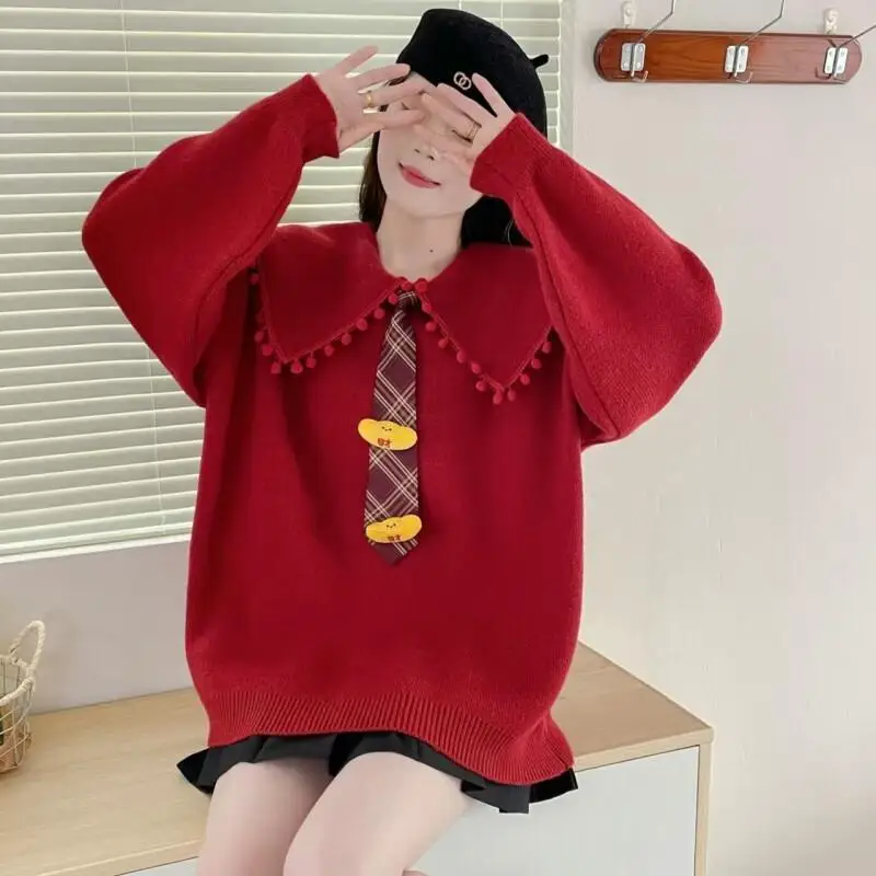 

Women's Sweater Warm Knitwears Coat Red New Year Sailor Collar Pullover Spring Thick Soft Lazy Youthful Preppy Knit