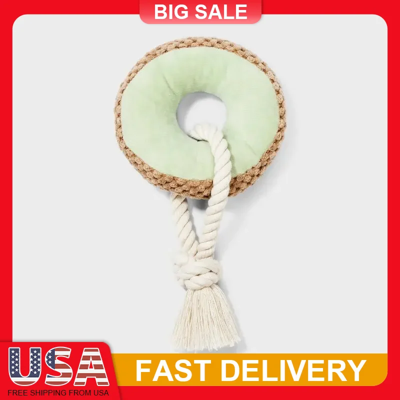 

Plush Donut Dog Toy with Rope 9.5 Inch Soft Crinkle Chew Toy for Mild Chewers Fetch Tug of War Interactive Pet Play