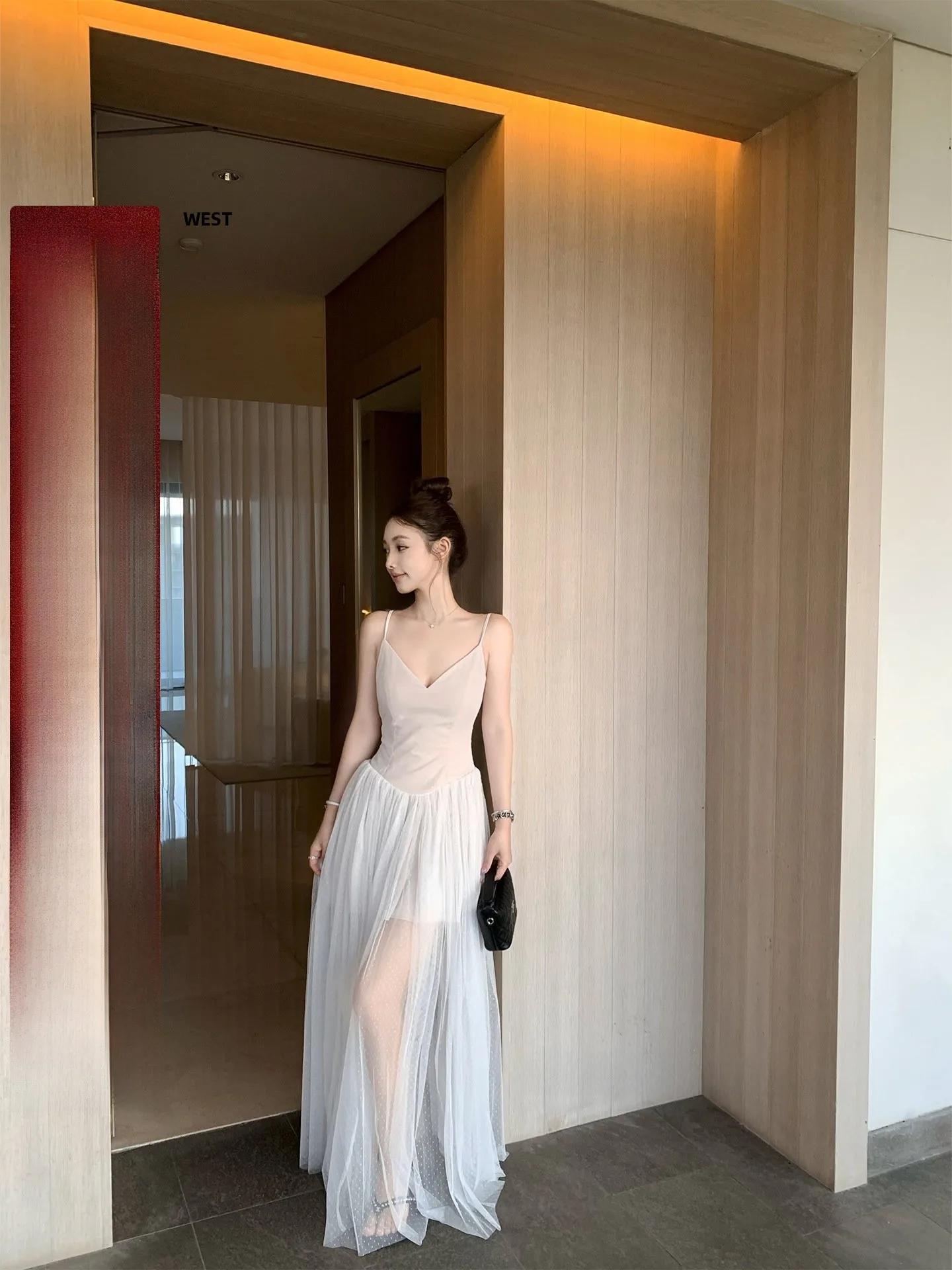 

Bankelili Ballet Fairy Halter Neck Splice Dress Women's Summer Soft Misty Gauze Skirt Polyester Fabric Zipper Backless Dress